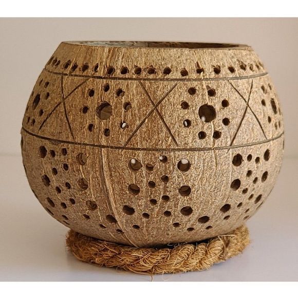 Coconut Shell Candle Holder & Rope Stand, natural handmade, eco friendly - Picture 3 of 9